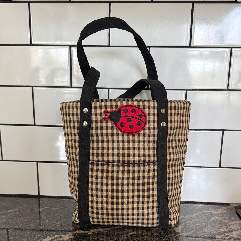 Plaid Tote Bag with Ladybug Patch